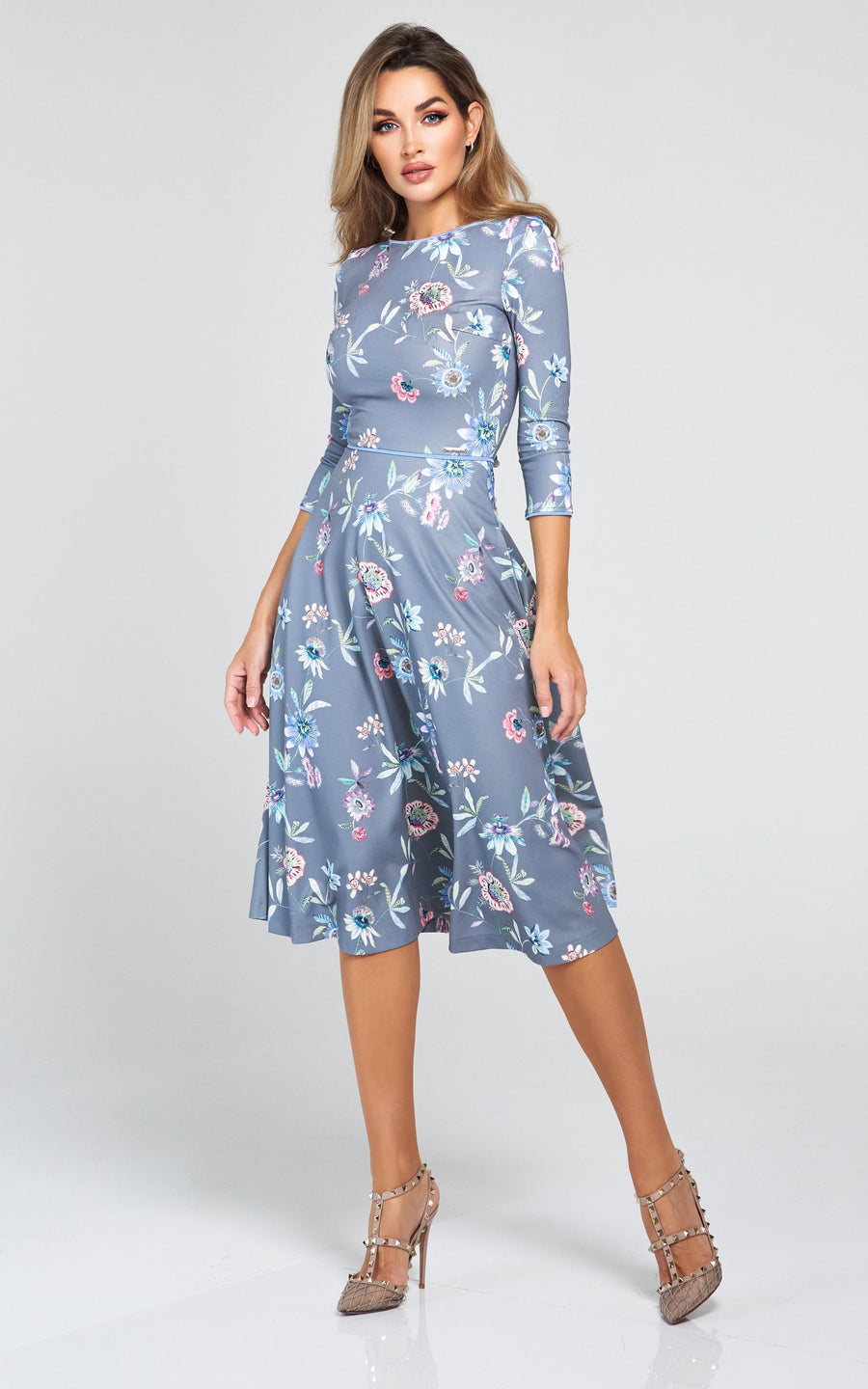 MOANA | Grey Dress with Floral Print and Pockets | Tatiana Tretyak Brand
