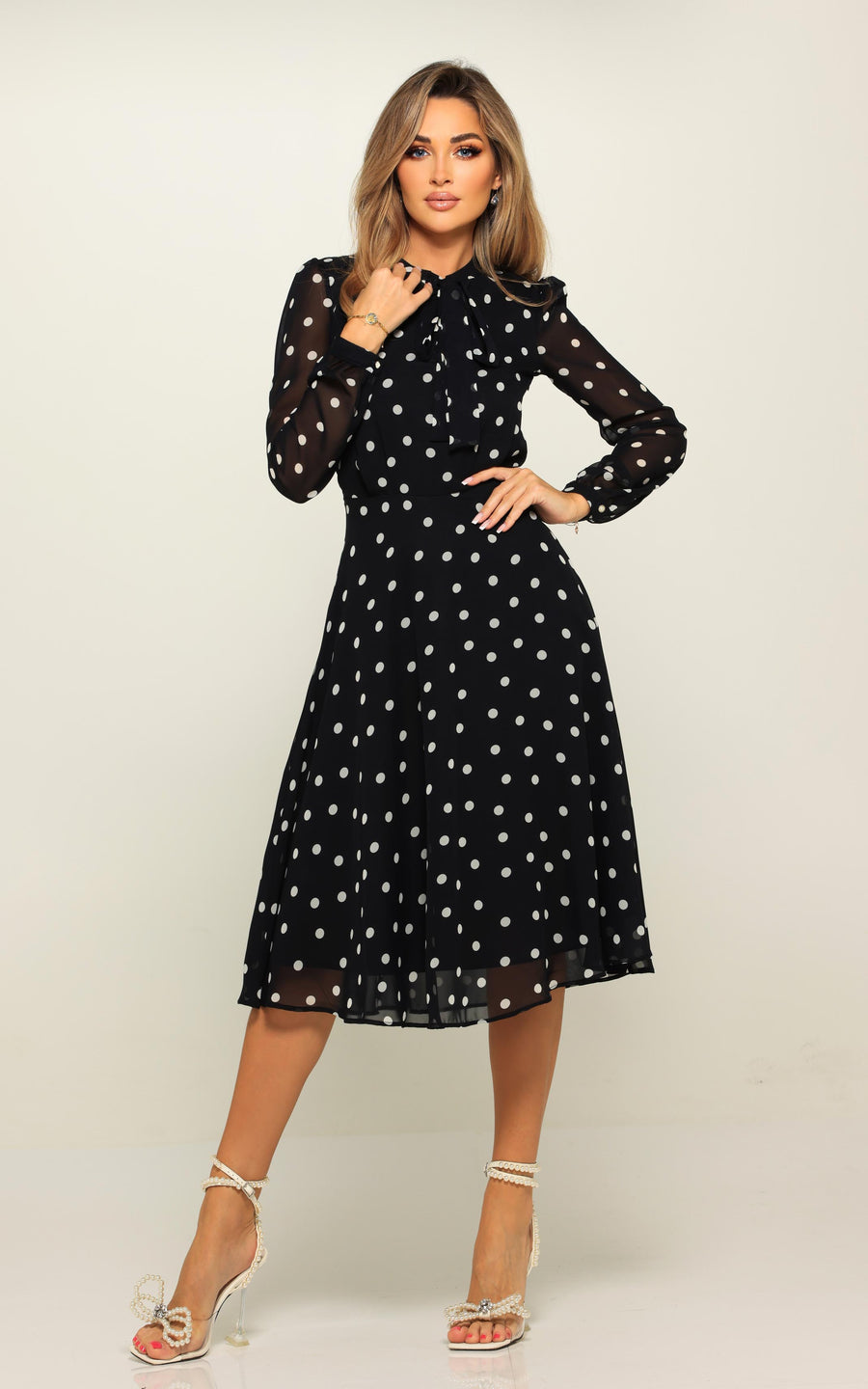 LAMARA | Brown With White Polka Dots Midi length Dress | Tatiana Tretyak Brand