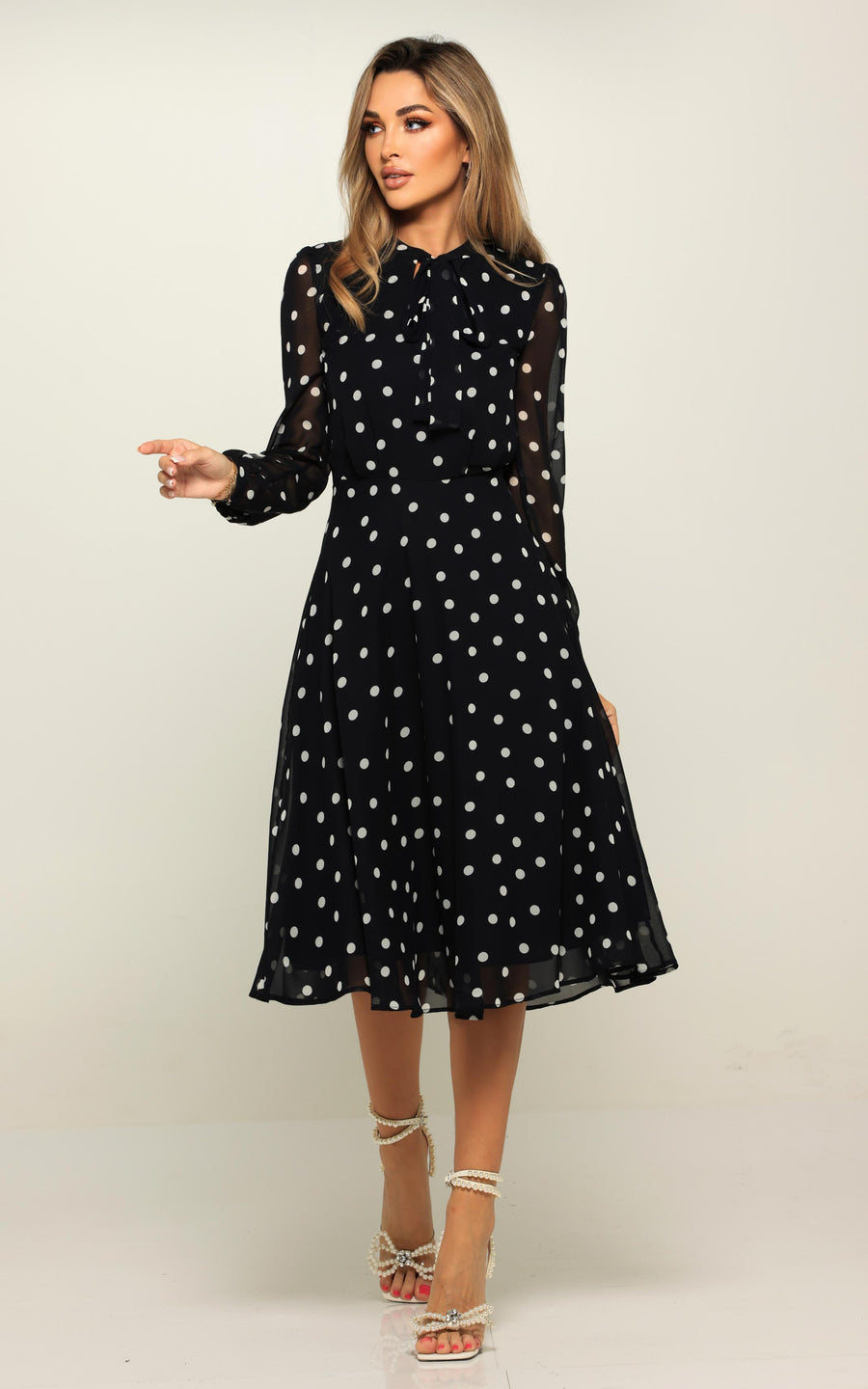 LAMARA | Brown With White Polka Dots Midi length Dress | Tatiana Tretyak Brand